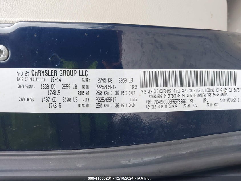 2015 DODGE GRAND CARAVAN VIN: 2C4RDGCG0FR576666