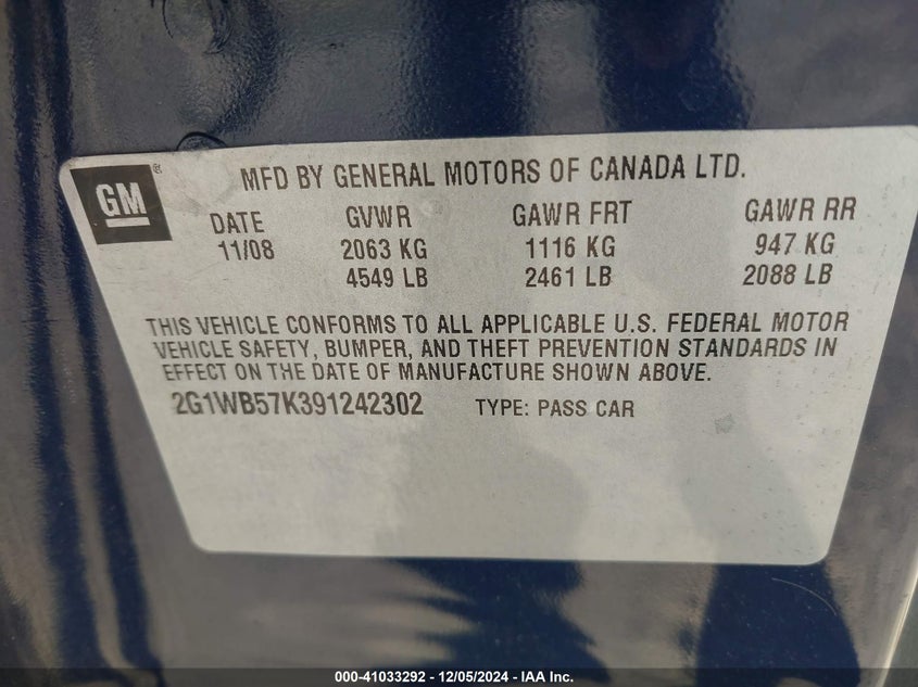 2009 CHEVROLET IMPALA VIN: 2G1WB57K391242302