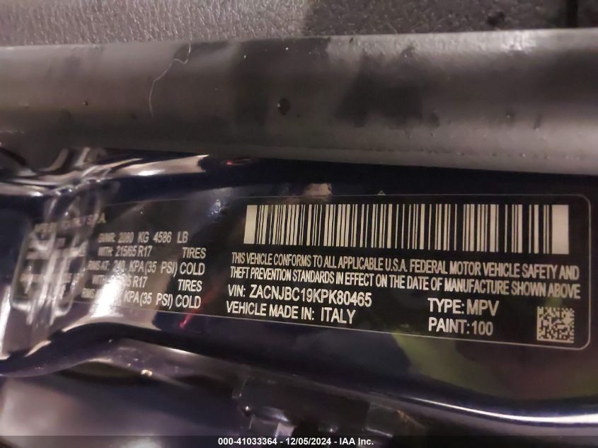 2019 Jeep Renegade Trailhawk 4X4 VIN: ZACNJBC19KPK80465 Lot: 41033364