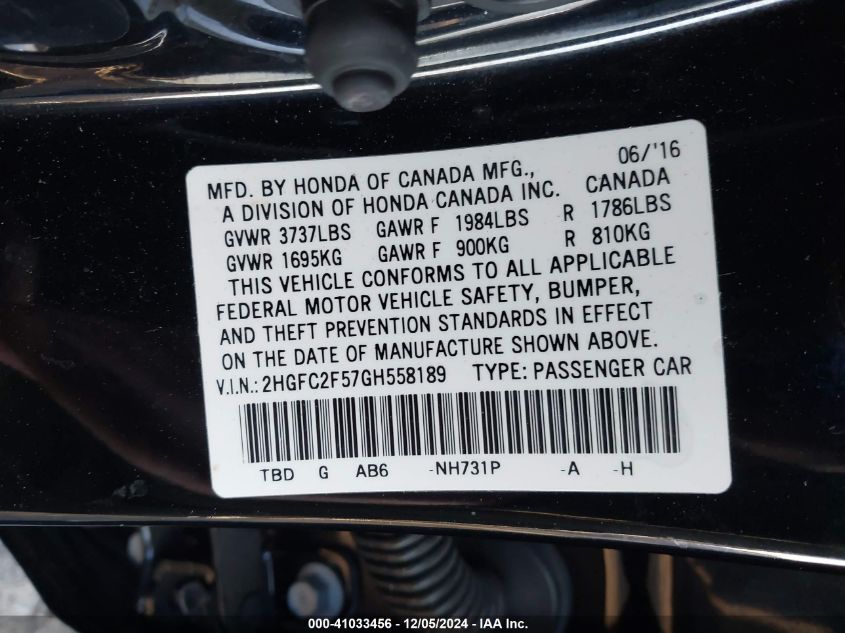 VIN 2HGFC2F57GH558189 2016 HONDA CIVIC no.9