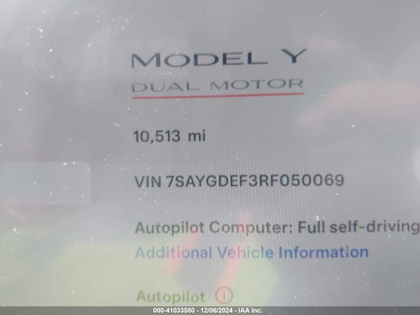 2024 Tesla Model Y Performance Dual Motor All-Wheel Drive VIN: 7SAYGDEF3RF050069 Lot: 41033580