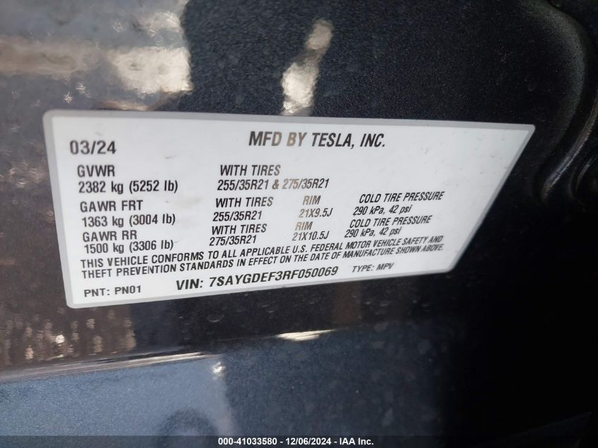 2024 Tesla Model Y Performance Dual Motor All-Wheel Drive VIN: 7SAYGDEF3RF050069 Lot: 41033580