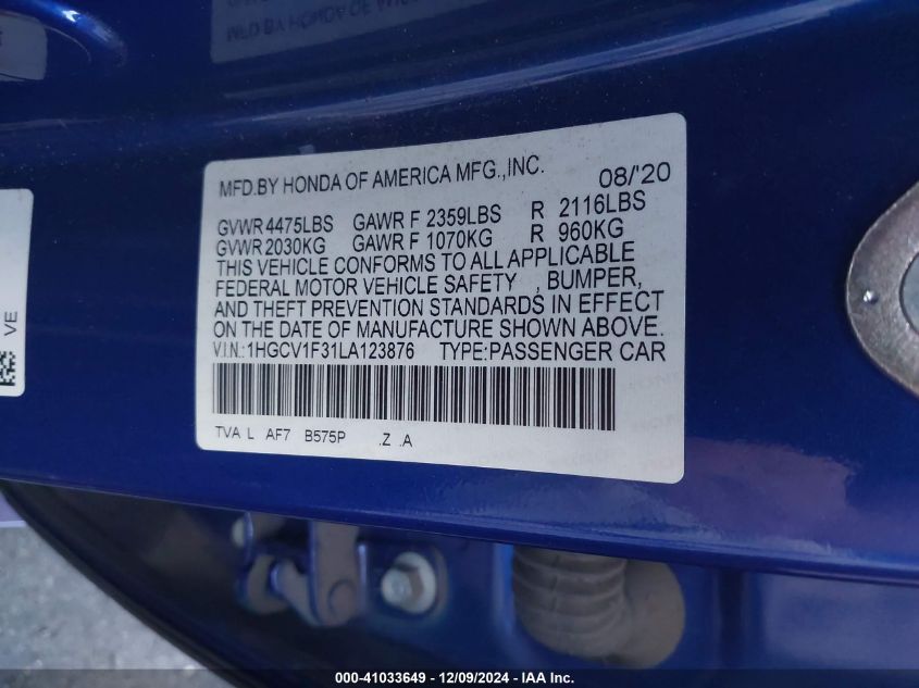 VIN 1HGCV1F31LA123876 2020 Honda Accord, Sport no.9