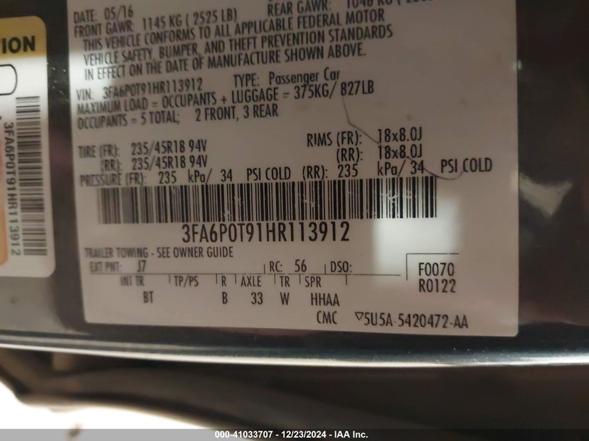 2017 FORD FUSION VIN: 3FA6P0T91HR113912