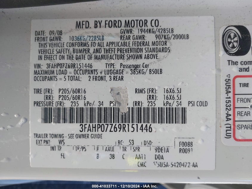 2009 FORD FUSION SE FWD VIN: 3FAHP07Z69R151446