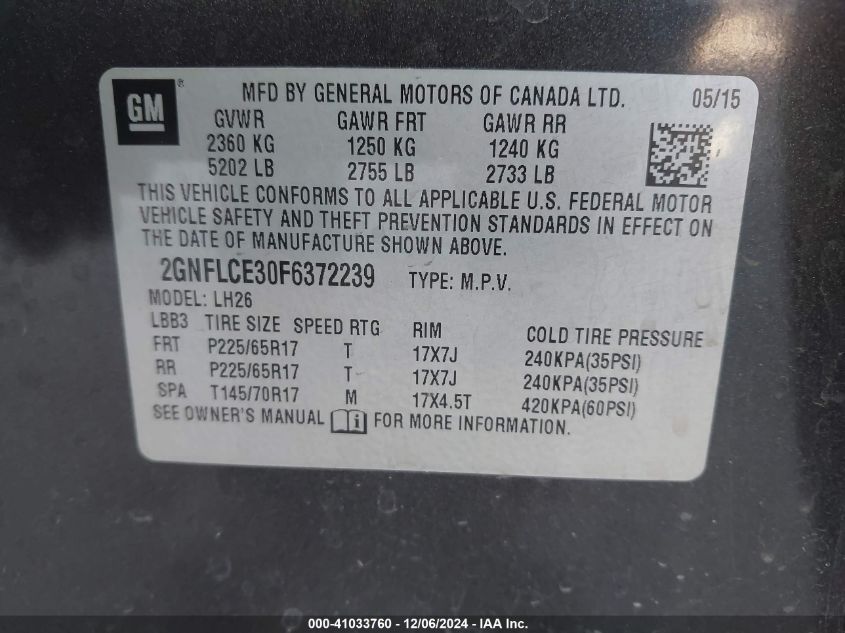 VIN 2GNFLCE30F6372239 2015 CHEVROLET EQUINOX no.9