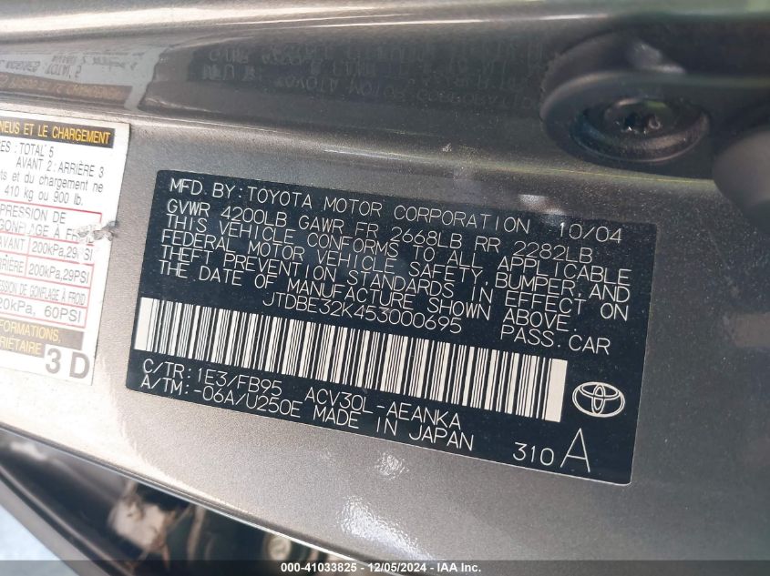 2005 Toyota Camry Std VIN: JTDBE32K453000695 Lot: 41033825