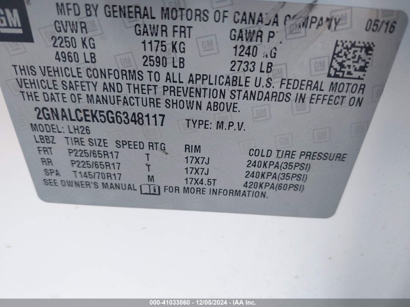 VIN 2GNALCEK5G6348117 2016 Chevrolet Equinox, LT no.9