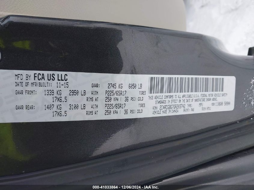 2016 Dodge Grand Caravan American Value Pkg VIN: 2C4RDGBG7GR203742 Lot: 41033864