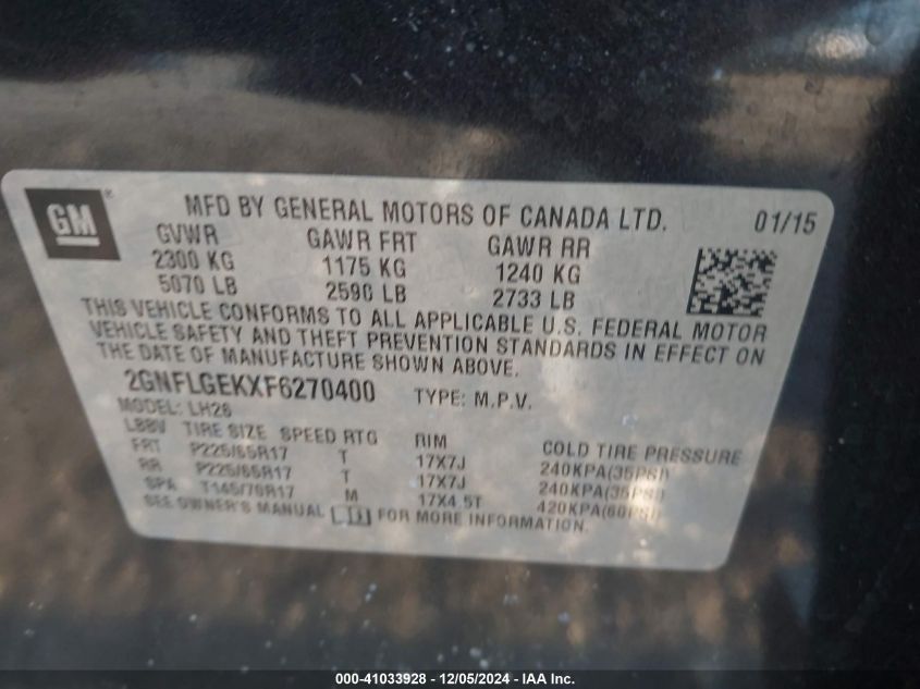 VIN 2GNFLGEKXF6270400 2015 Chevrolet Equinox, 2LT no.9