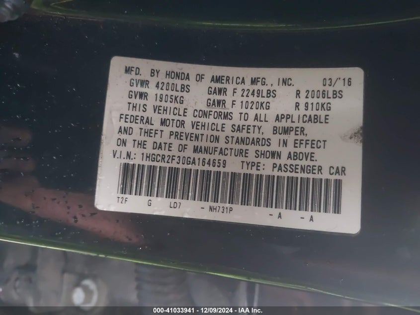 2016 HONDA ACCORD VIN: 1HGCR2F30GA164659
