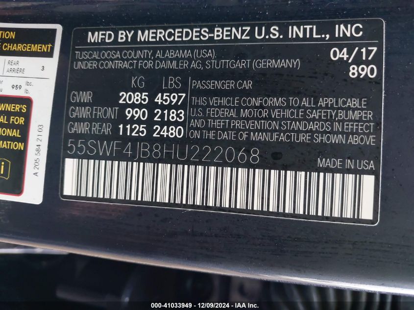 VIN 55SWF4JB8HU222068 2017 Mercedes-Benz C 300, Lux... no.9