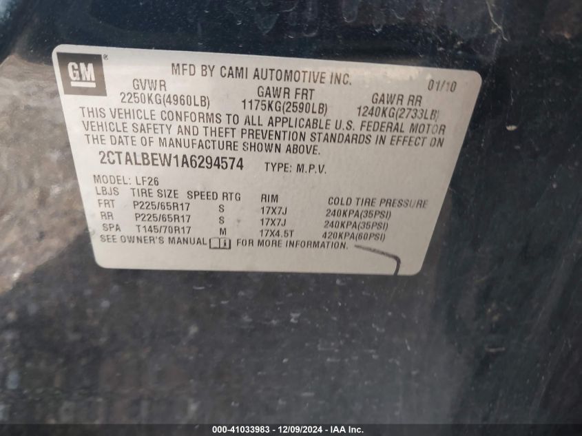 2010 GMC Terrain Sle-1 VIN: 2CTALBEW1A629574 Lot: 41033983