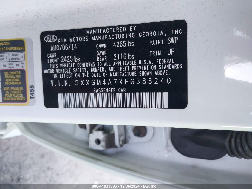 VIN 5XXGM4A7XFG388240 2015 KIA OPTIMA no.9