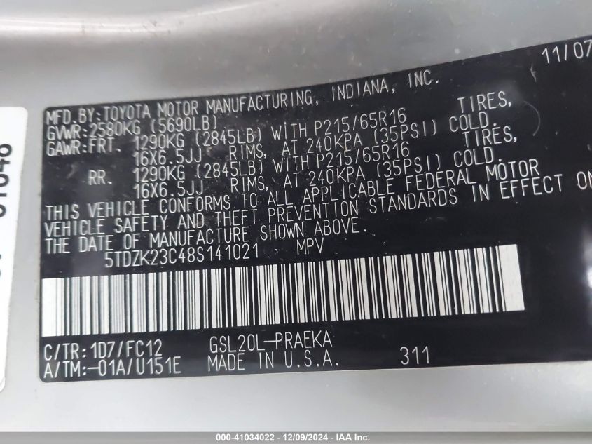 2008 Toyota Sienna VIN: STDZK23C48S141021 Lot: 41034022