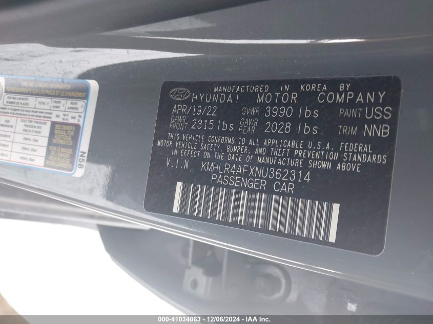 2022 HYUNDAI ELANTRA VIN: KMHLR4AFXNU362314