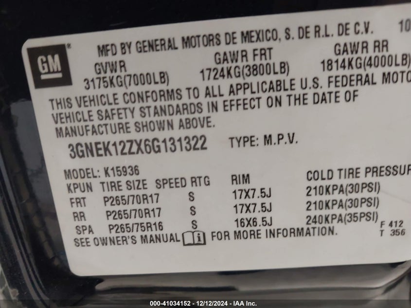 2006 CHEVROLET AVALANCHE 1500 VIN: 3GNEK12ZX6G131322