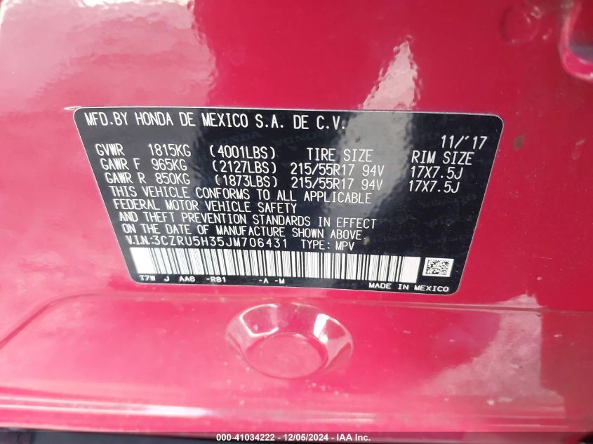 VIN 3CZRU5H35JM706431 2018 HONDA HR-V no.9