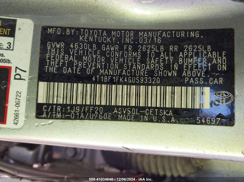 VIN 4T1BF1FK4GU593320 2016 Toyota Camry, SE no.9