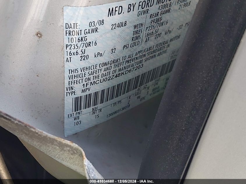 2008 Ford Escape Xls VIN: 1FMCU02Z48KD67203 Lot: 41034687