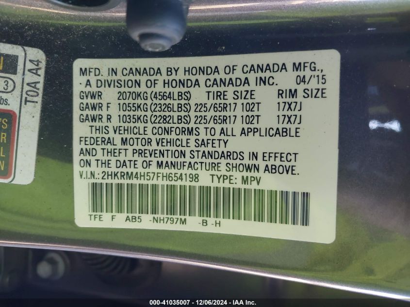 VIN 2HKRM4H57FH654198 2015 Honda CR-V, EX no.9