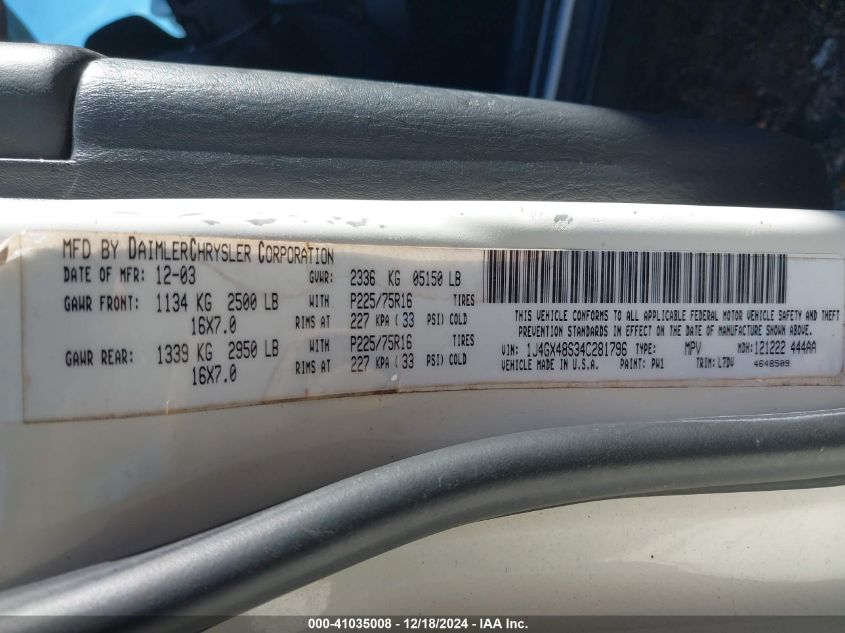 2004 Jeep Grand Cherokee Laredo VIN: 1J4GX48S34C281796 Lot: 41035008