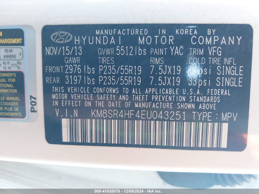 VIN KM8SR4HF4EU043251 2014 HYUNDAI SANTA FE no.9