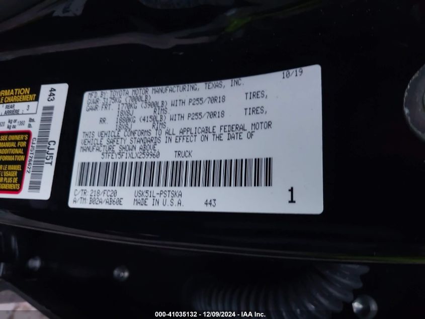 VIN 5TFEY5F1XLX259960 2020 Toyota Tundra, SR5 no.9