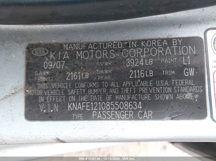 2008 Kia Spectra Ex VIN: KNAFE121085508634 Lot: 41035136