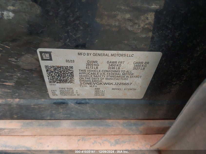 2019 CHEVROLET TRAVERSE 1LT - 1GNEVGKW6KJ225657