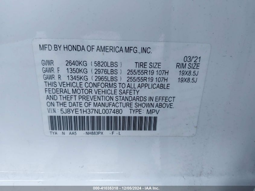 VIN 5J8YE1H37NL007480 2022 ACURA MDX no.9