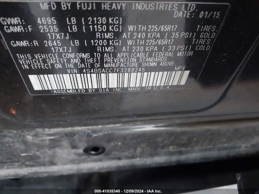 VIN 4S4BSACC7F3288245 2015 Subaru Outback, 2.5I Pre... no.9