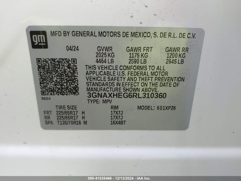 VIN 3GNAXHEG6RL310360 2024 Chevrolet Equinox, Fwd Ls no.9