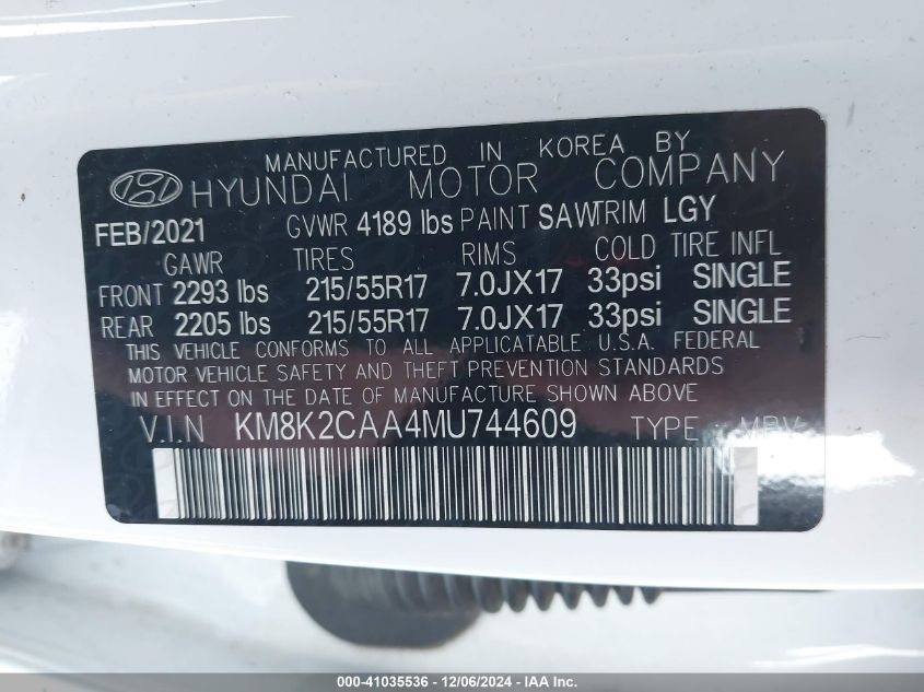 2021 Hyundai Kona Sel VIN: KM8K2CAA4MU744609 Lot: 41035536