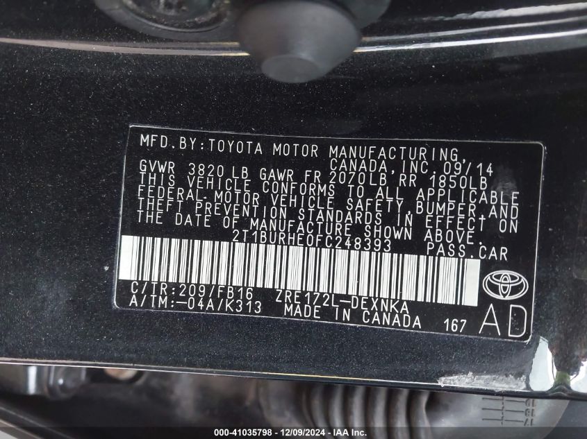 VIN 2T1BURHE0FC248393 2015 Toyota Corolla, LE no.9