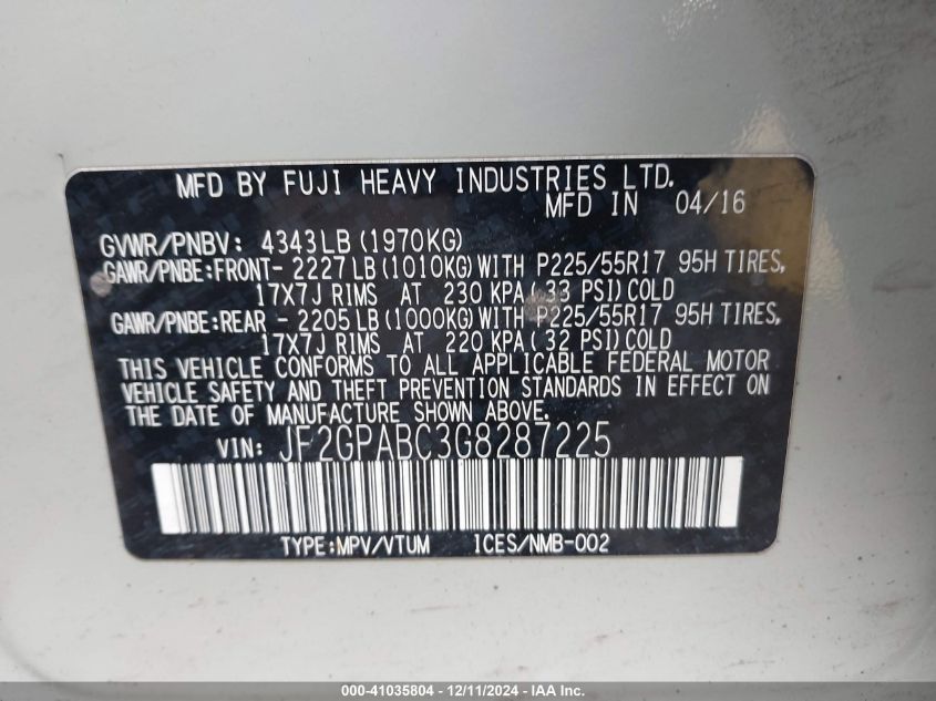 2016 SUBARU CROSSTREK VIN: JF2GPABC3G8287225