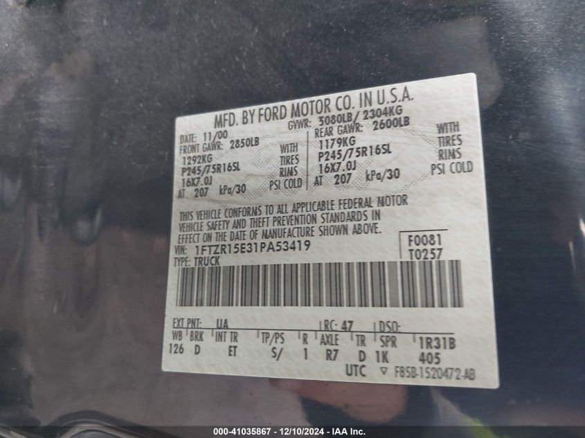 2001 Ford Ranger Edge/Xlt VIN: 1FTZR15E31PA53419 Lot: 41035867