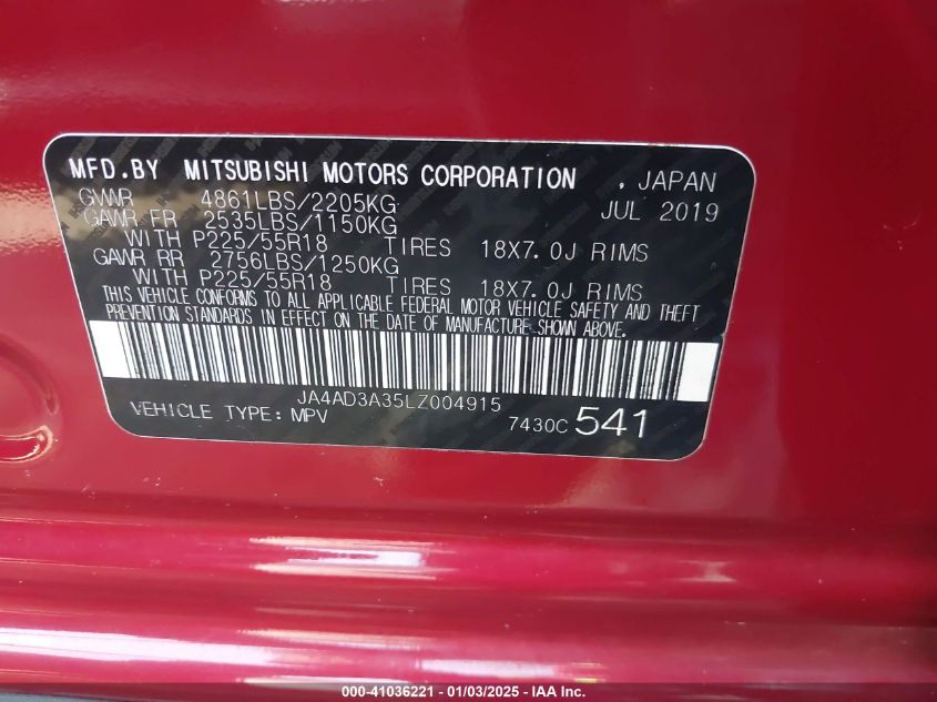 VIN JA4AD3A35LZ004915 2020 Mitsubishi Outlander, SE... no.9