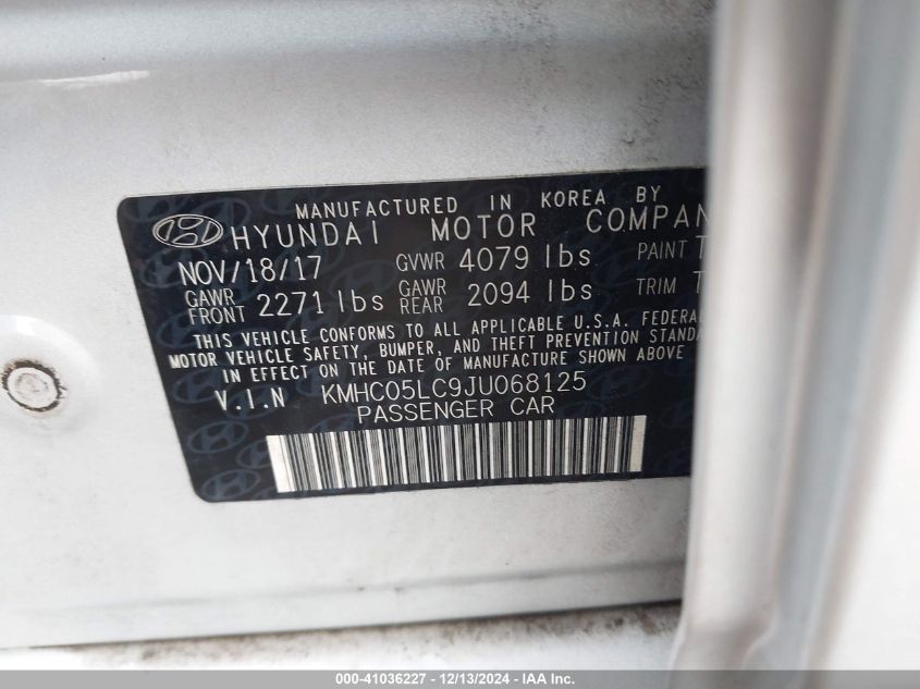 2018 Hyundai Ioniq Hybrid Limited VIN: KMHC05LC9JU068125 Lot: 41036227