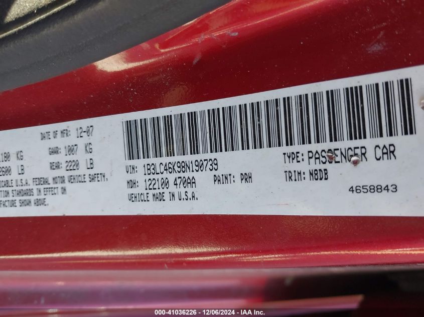 2008 Dodge Avenger Se VIN: 1B3LC46J98N190739 Lot: 41036226