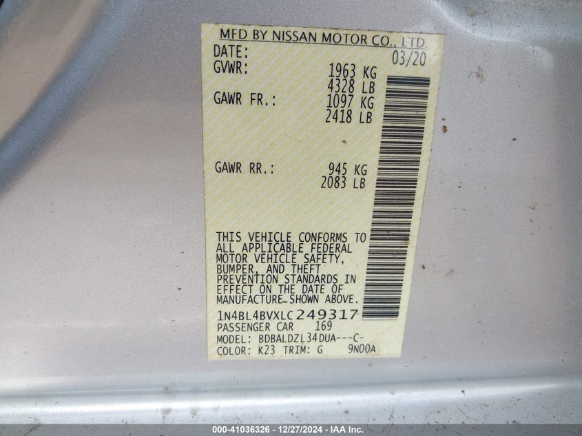 2020 NISSAN ALTIMA VIN: 1N4BL4BVXLC249317