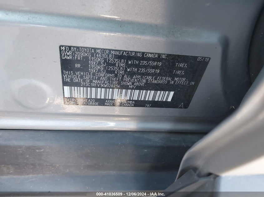 VIN 2T3C1RFV1KW028714 2019 TOYOTA RAV4 XLE PREMIUM