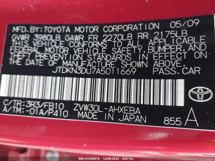 2010 Toyota Prius Ii VIN: JTDKN3DU7A5011669 Lot: 41036518