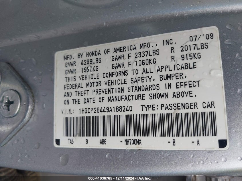 2009 HONDA ACCORD VIN: 1HGCP26449A188240