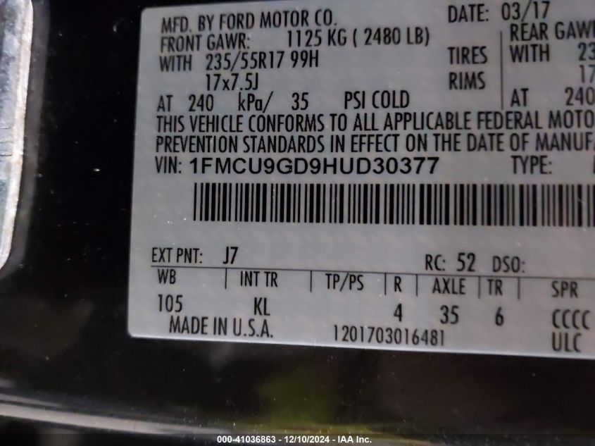 VIN 1FMCU9GD9HUD30377 2017 FORD ESCAPE no.9