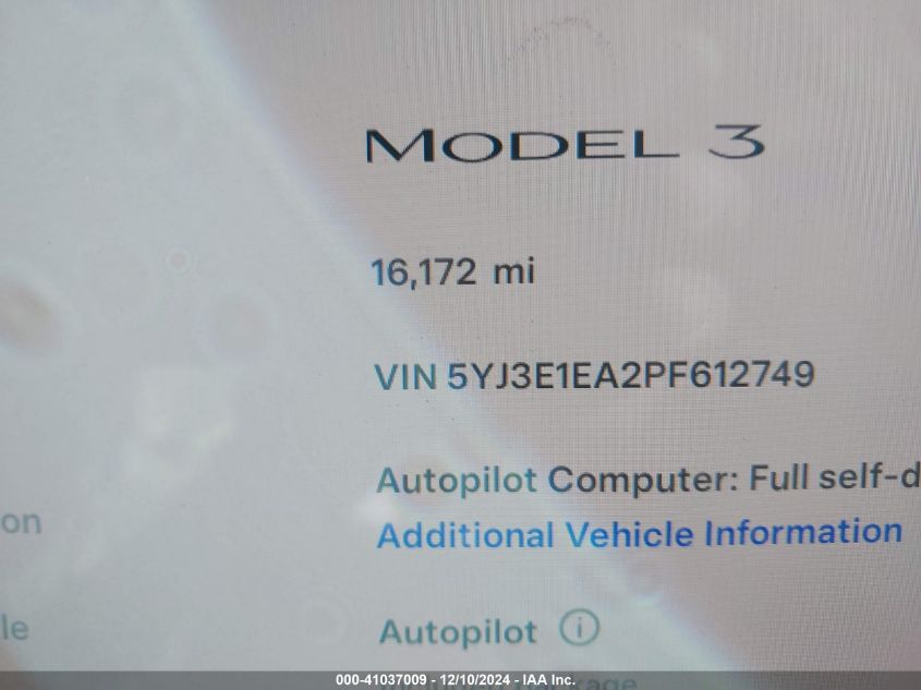 2023 Tesla Model 3 Rear-Wheel Drive VIN: 5YJ3E1EA2PF612749 Lot: 41037009