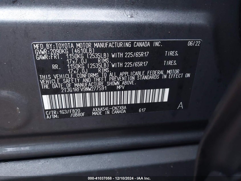 2022 TOYOTA RAV4 VIN: 2T3G1RFV9NW277591
