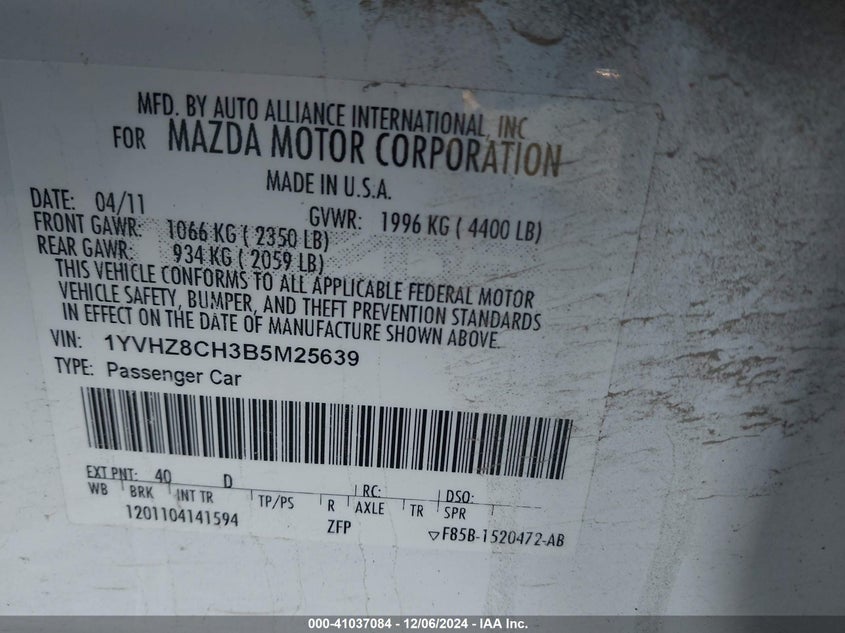 2011 MAZDA MAZDA6 VIN: 1YVHZ8CH3B5M25639