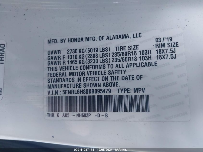 VIN 5FNRL6H80KB095479 2019 HONDA ODYSSEY no.9