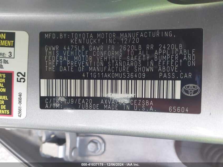 2021 TOYOTA CAMRY VIN: 4T1G11AK0MU536409